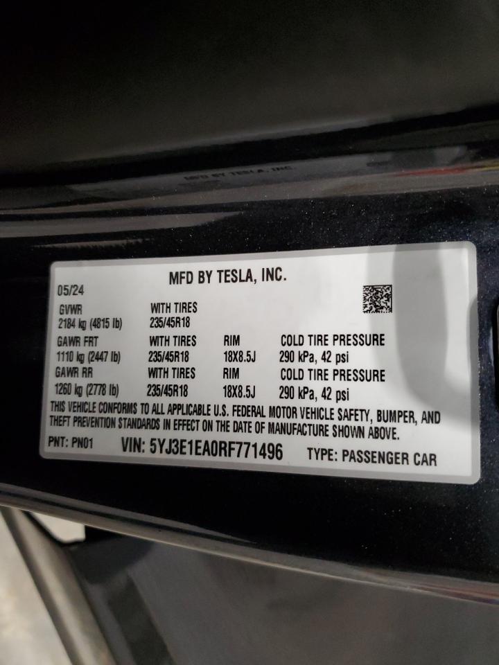2024 Tesla Model 3 VIN: 5YJ3E1EA0RF771496 Lot: 86555984