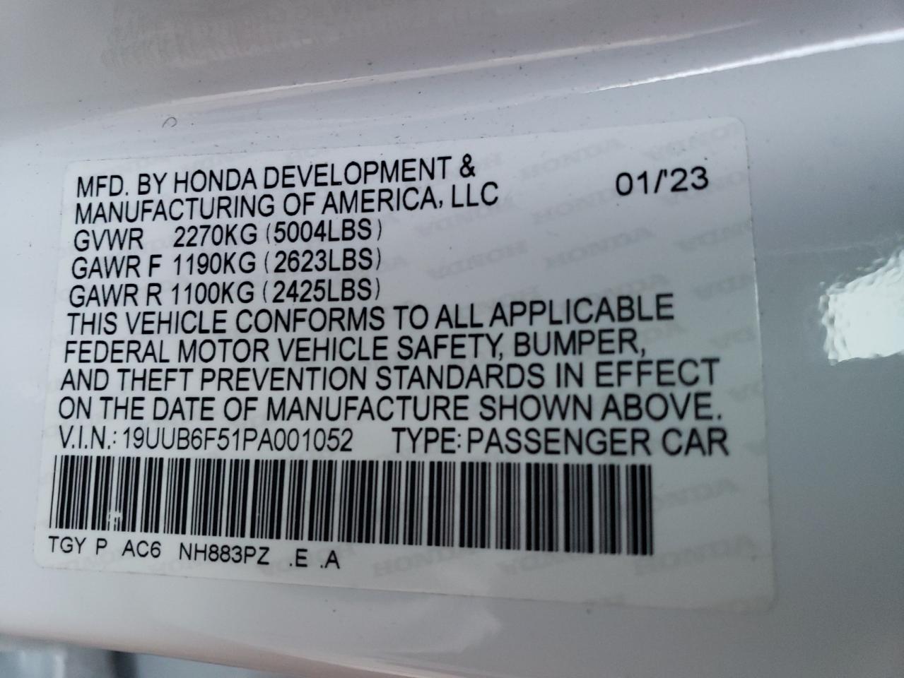2023 Acura Tlx A-Spec VIN: 19UUB6F51PA001052 Lot: 86187024