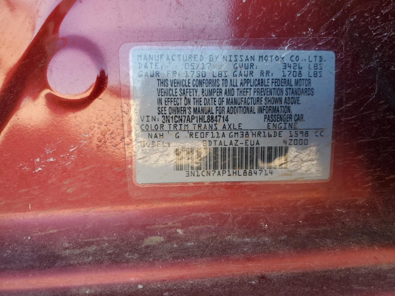 2017 Nissan Versa S VIN: 3N1CN7AP1HL884714 Lot: 42396625