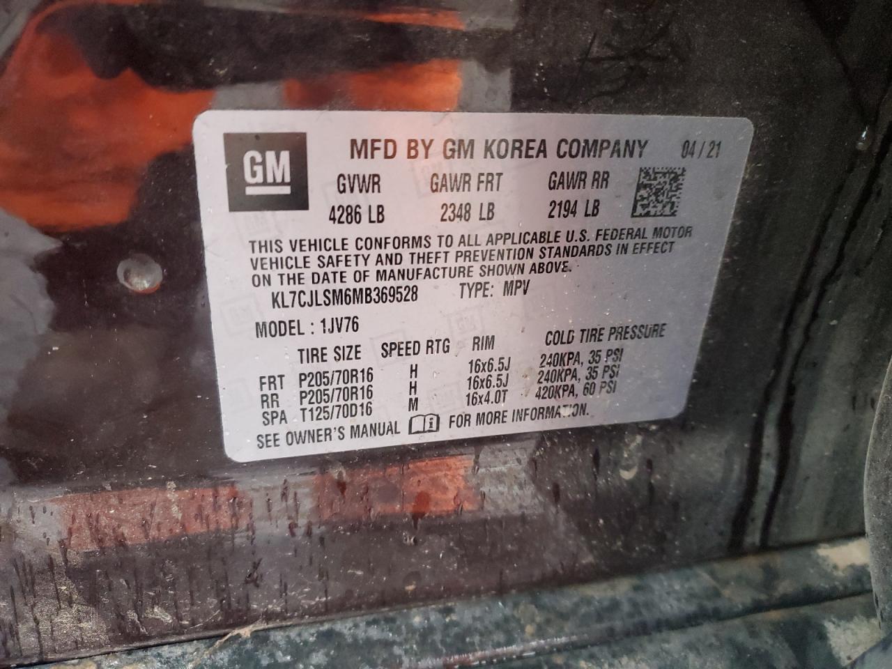 KL7CJLSM6MB369528 CHEVROLET TRAX 2021