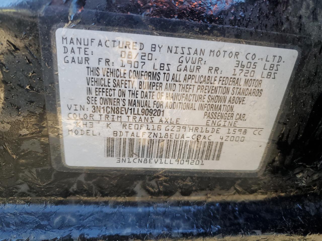 3N1CN8EV1LL909201 NISSAN VERSA 2020