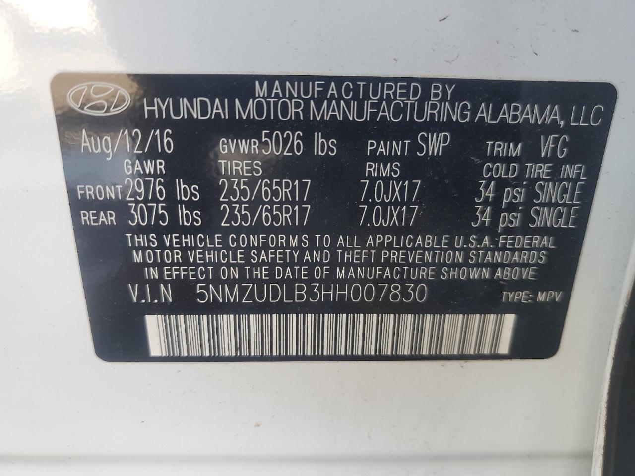 VIN 5NMZUDLB3HH007830 2017 HYUNDAI SANTA FE no.13