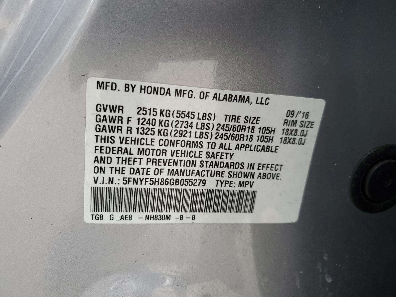 5FNYF5H86GB055279 HONDA PILOT 2016