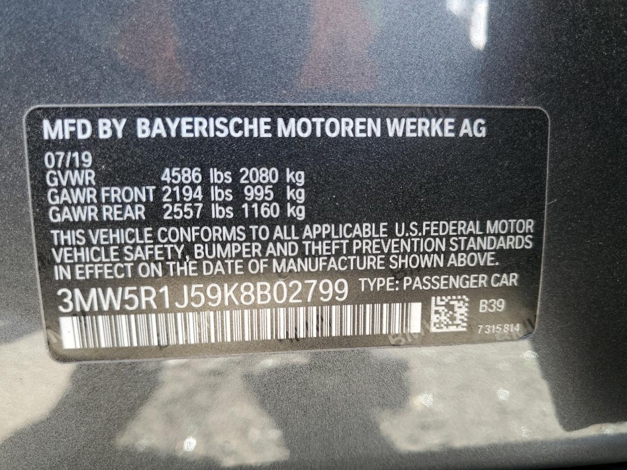 VIN 3MW5R1J59K8B02799 2019 BMW 3 SERIES no.12