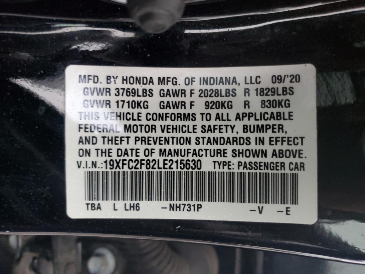 19XFC2F82LE215630 HONDA CIVIC 2020
