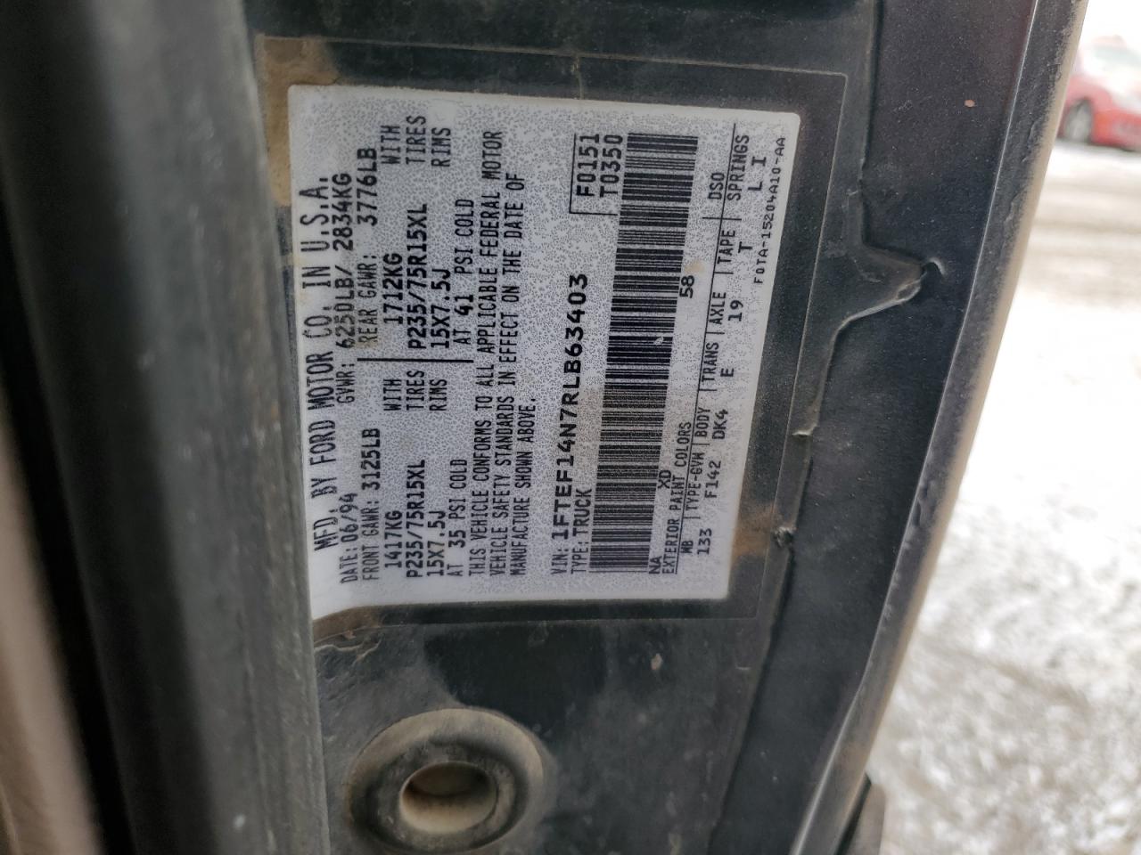 1994 Ford F150 VIN: 1FTEF14N7RLB63403 Lot: 89347265