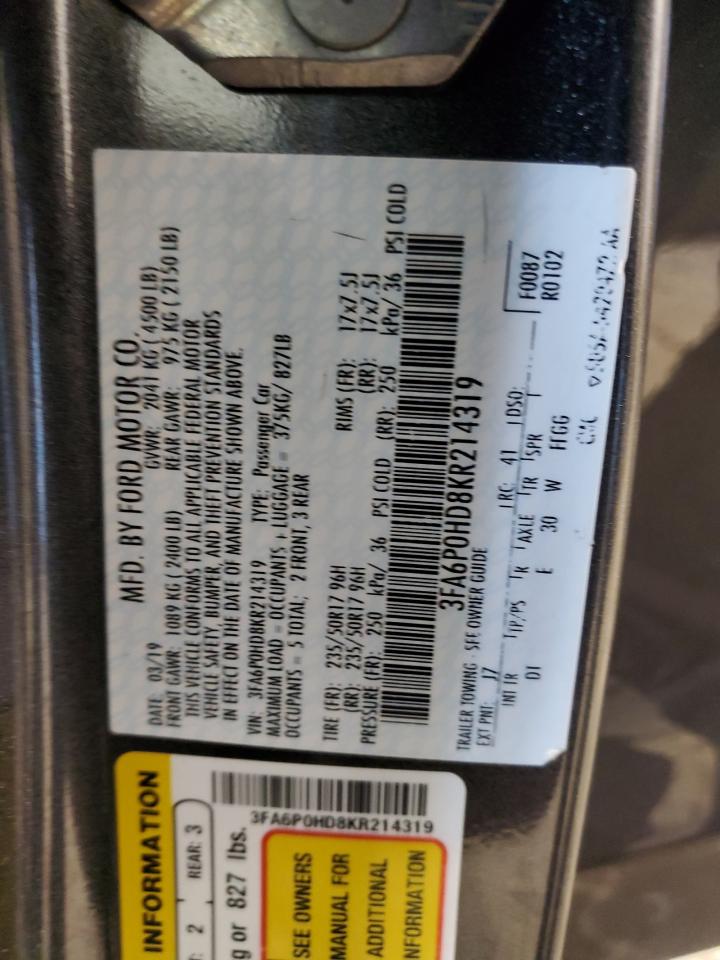 3FA6P0HD8KR214319 FORD FUSION 2019