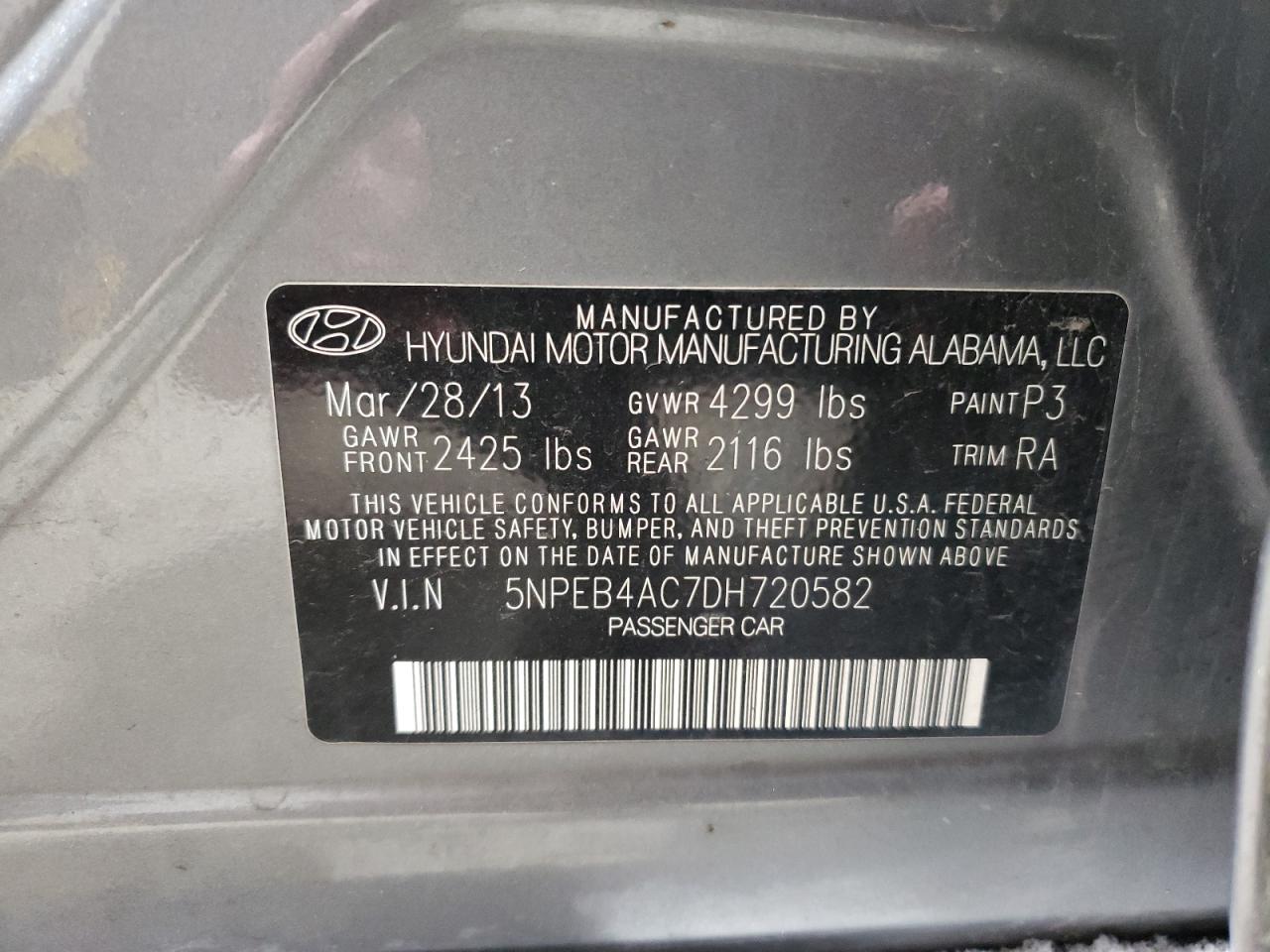 VIN 5NPEB4AC7DH720582 2013 HYUNDAI SONATA no.12