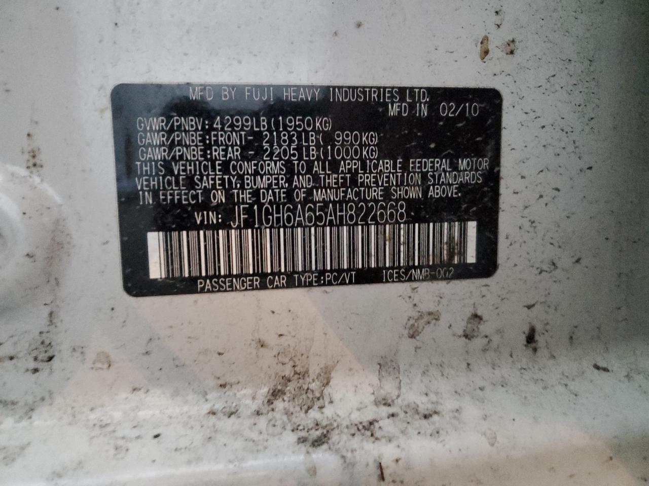 2010 Subaru Impreza 2.5I VIN: JF1GH6A65AH822668 Lot: 87366184
