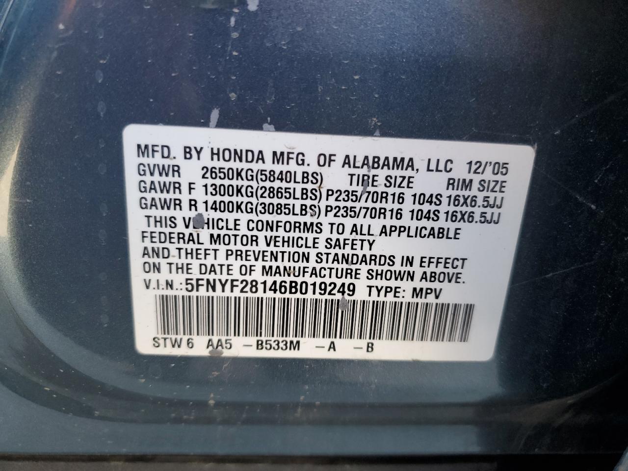 2006 Honda Pilot Lx VIN: 5FNYF28146B019249 Lot: 41780025