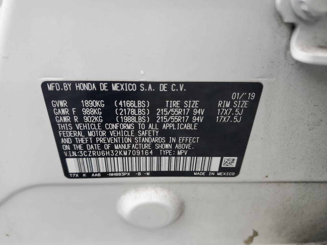 3CZRU6H32KM709164 HONDA HR-V 2019