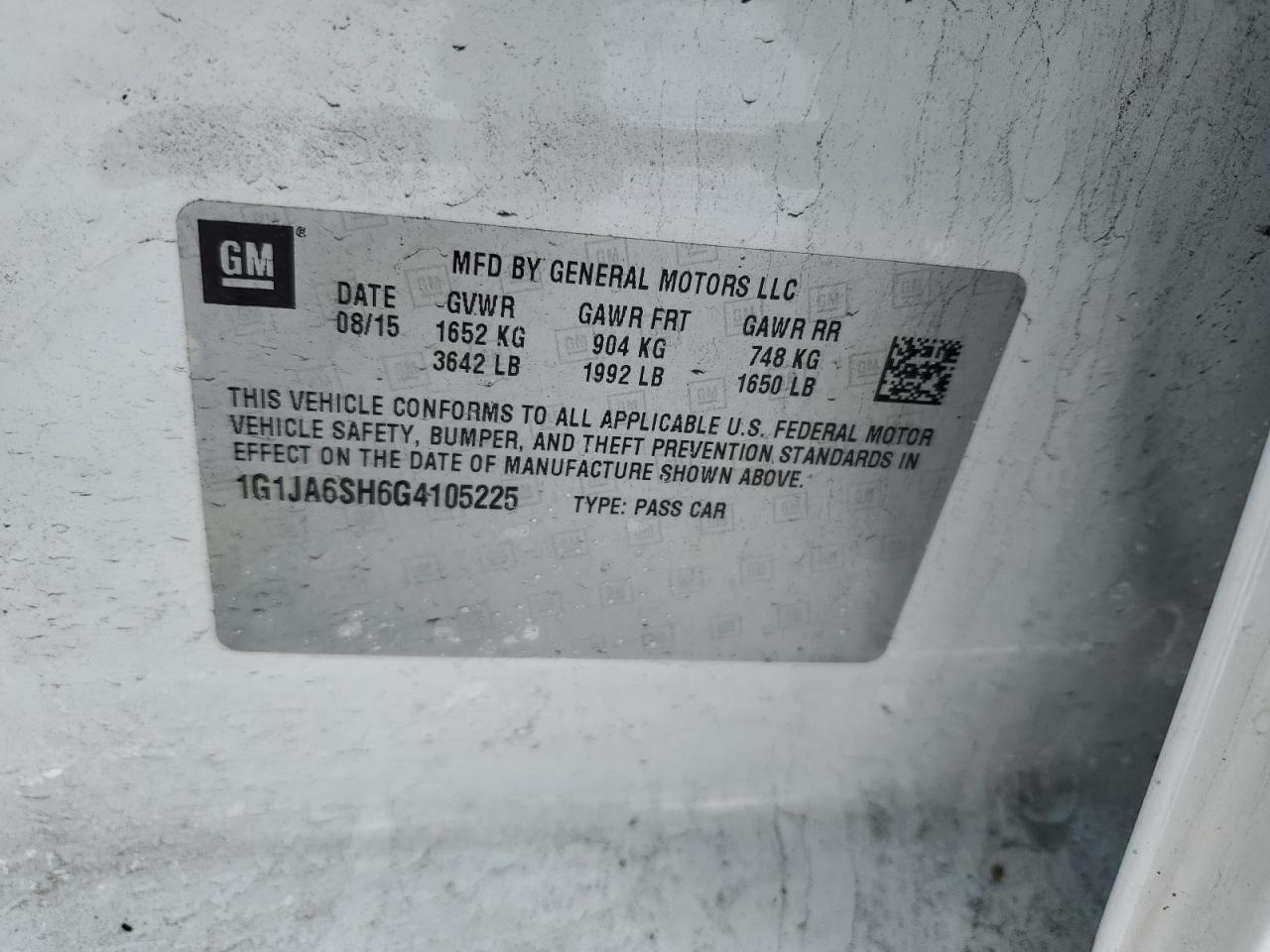 1G1JA6SH6G4105225 CHEVROLET SONIC 2016