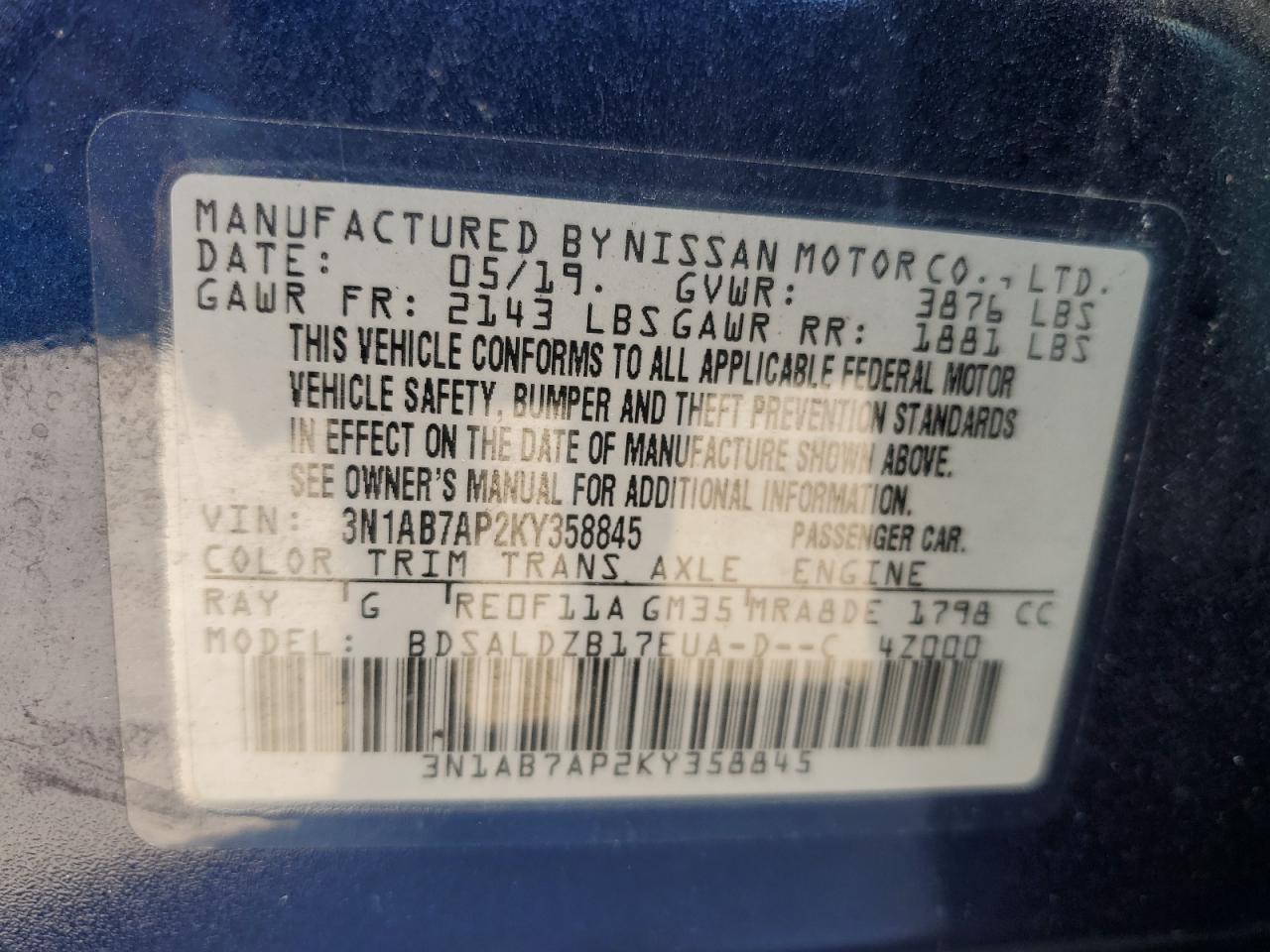 3N1AB7AP2KY358845 NISSAN SENTRA 2019