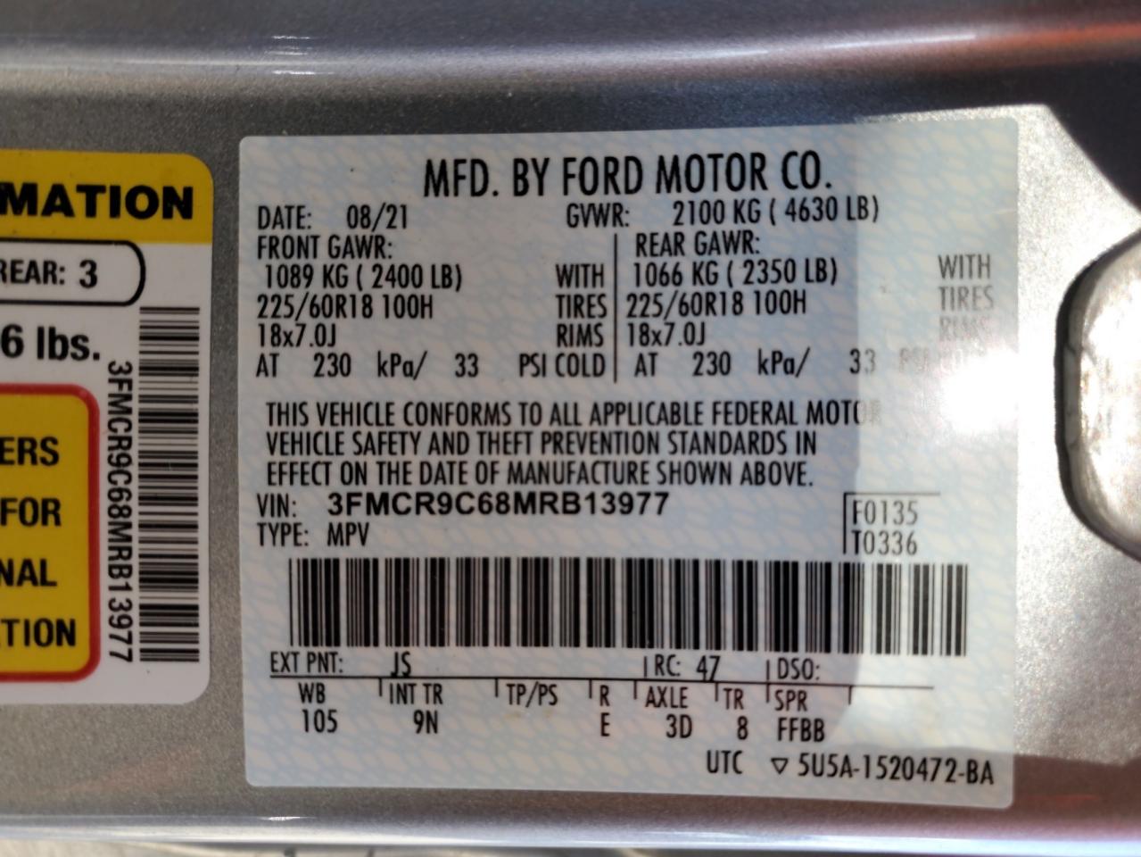 2021 Ford Bronco Sport Outer Banks VIN: 3FMCR9C68MRB13977 Lot: 42920525