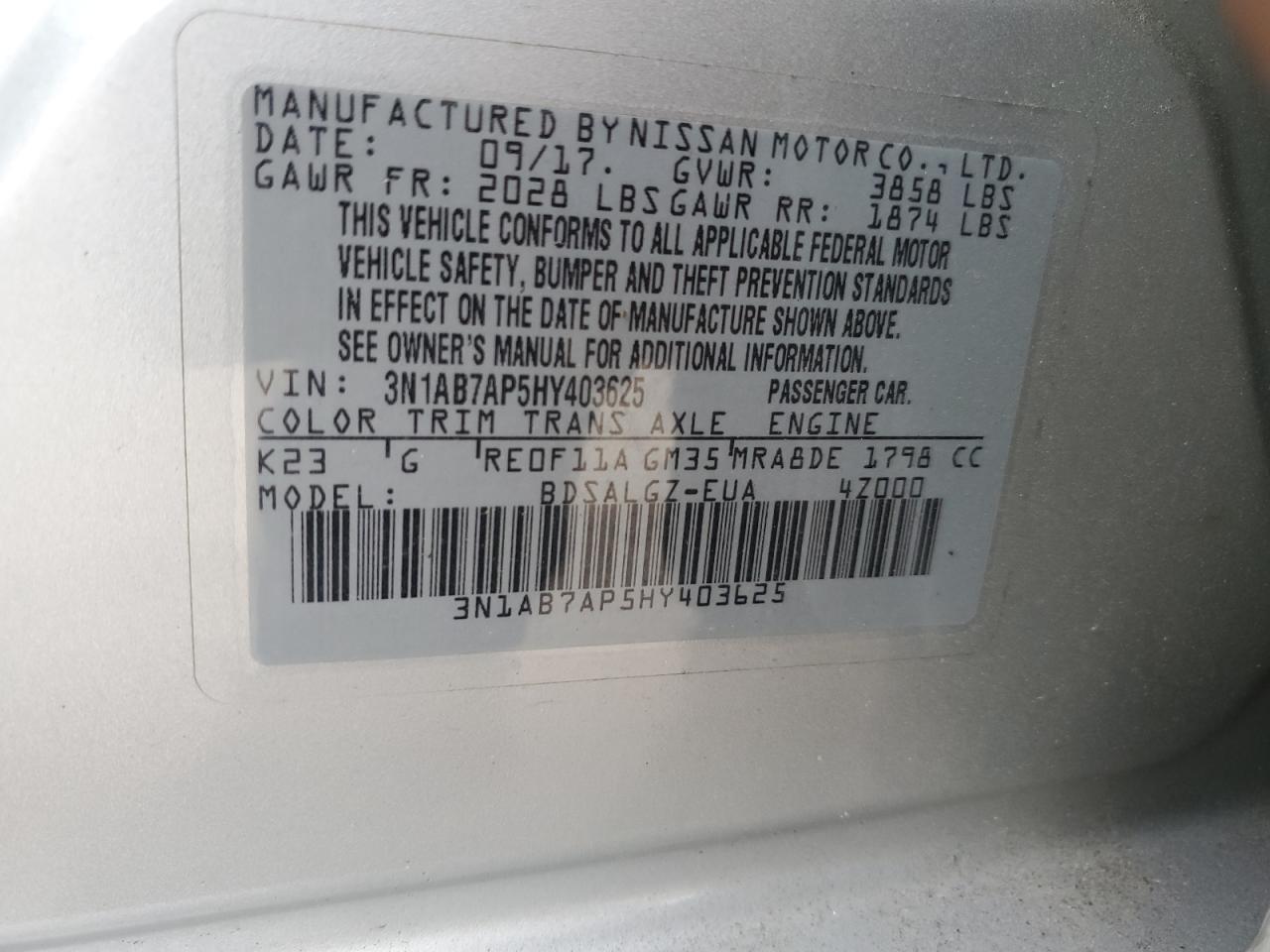 3N1AB7AP5HY403625 NISSAN SENTRA 2017