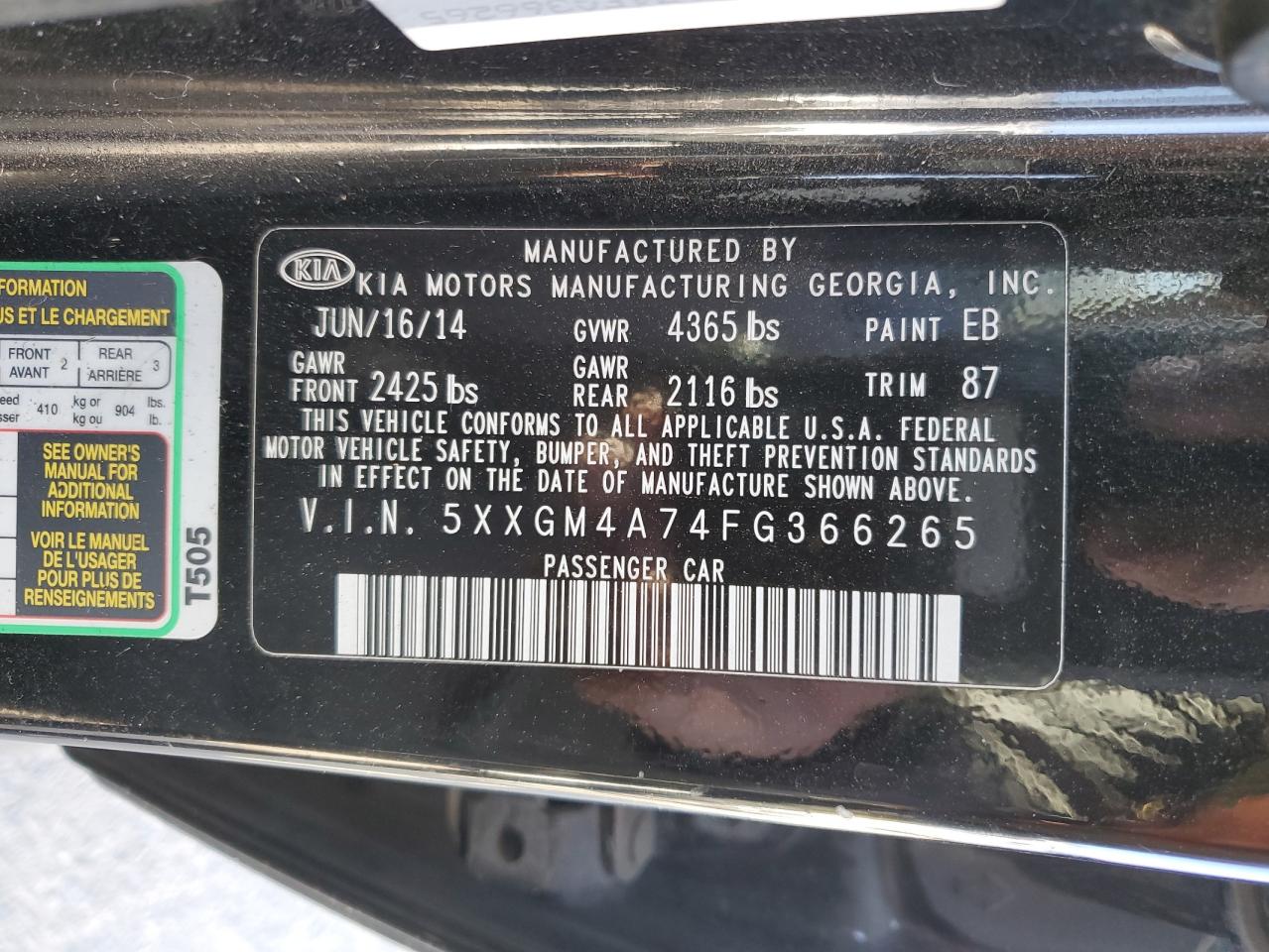 VIN 5XXGM4A74FG366265 2015 KIA OPTIMA no.12