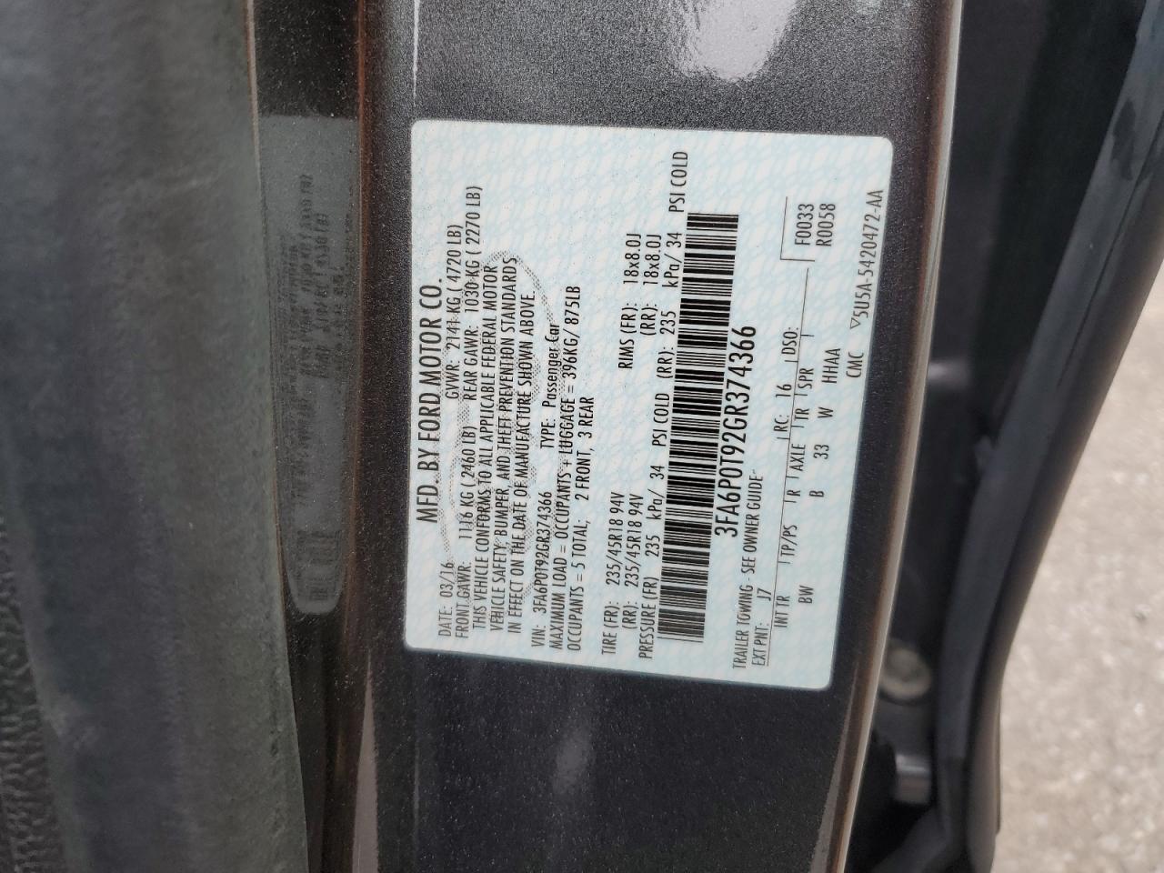 3FA6P0T92GR374366 2016 FORD FUSION - Image 12