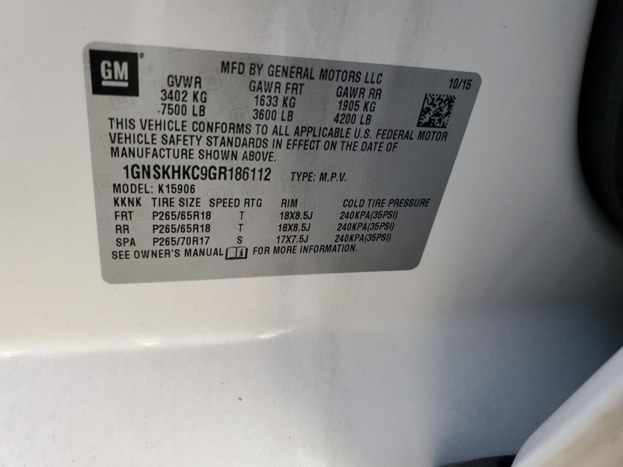 1GNSKHKC9GR186112 CHEVROLET SUBURBAN 2016