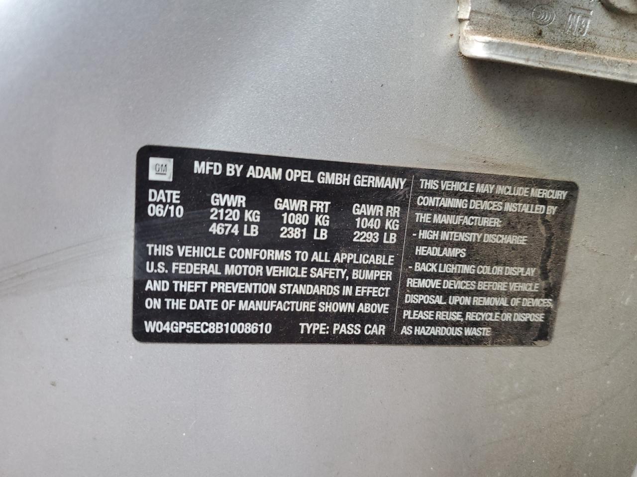 2011 Buick Regal Cxl VIN: W04GP5EC8B1008610 Lot: 41473275