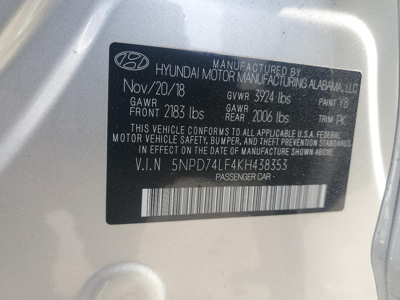 2019 Hyundai Elantra Se VIN: 5NPD74LF4KH438353 Lot: 43081575