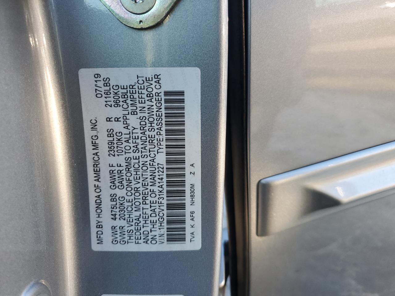1HGCV1F31KA141227 HONDA ACCORD 2019