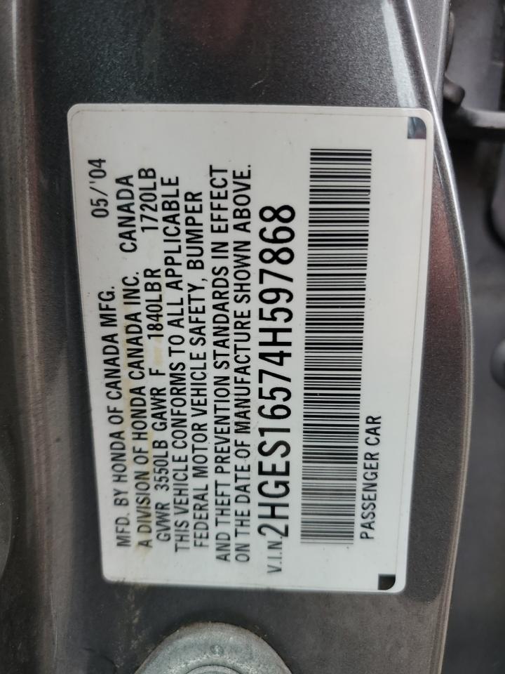 2004 Honda Civic Lx VIN: 2HGES16574H597868 Lot: 87832985