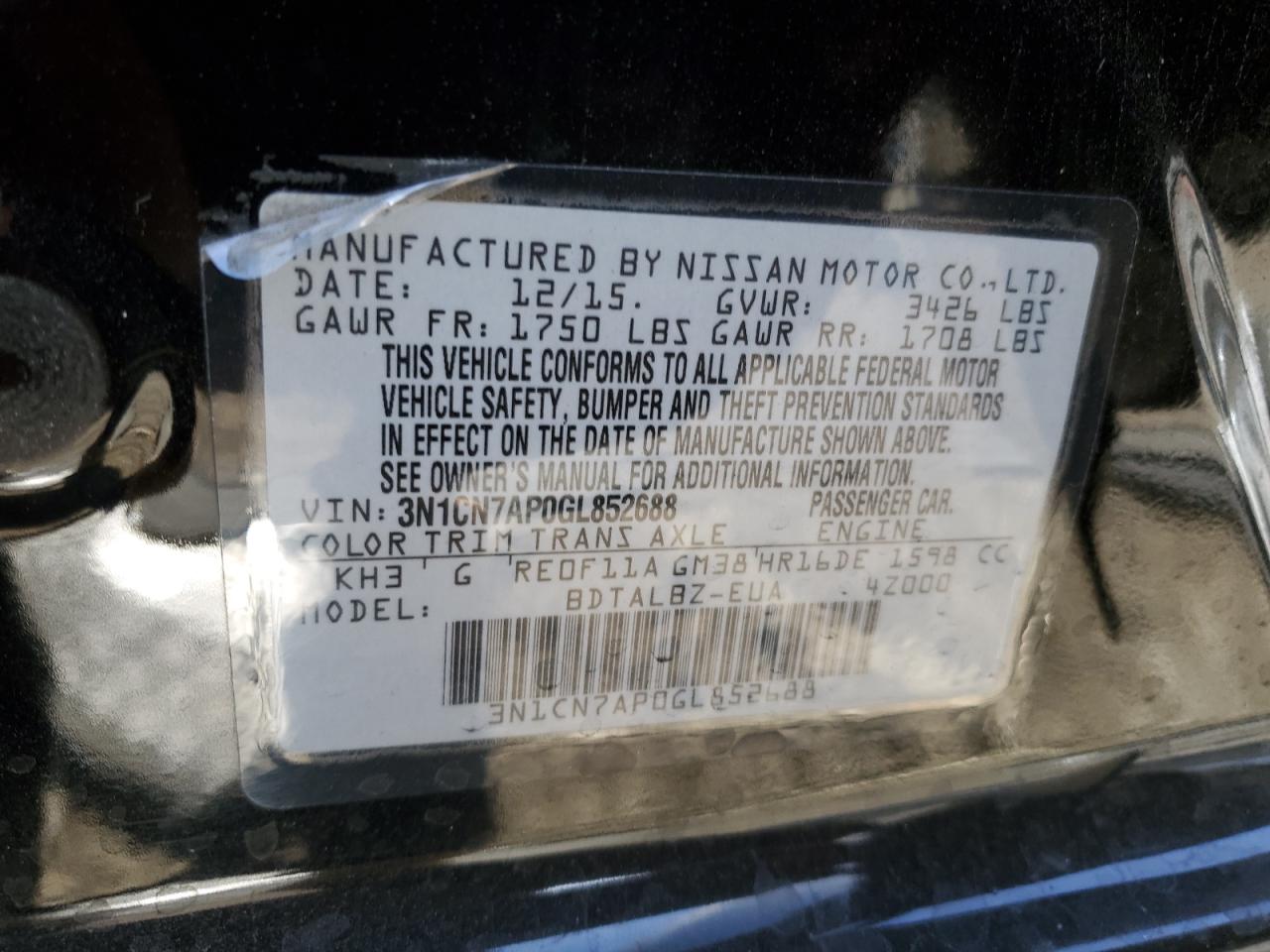 VIN 3N1CN7AP0GL852688 2016 NISSAN VERSA no.12