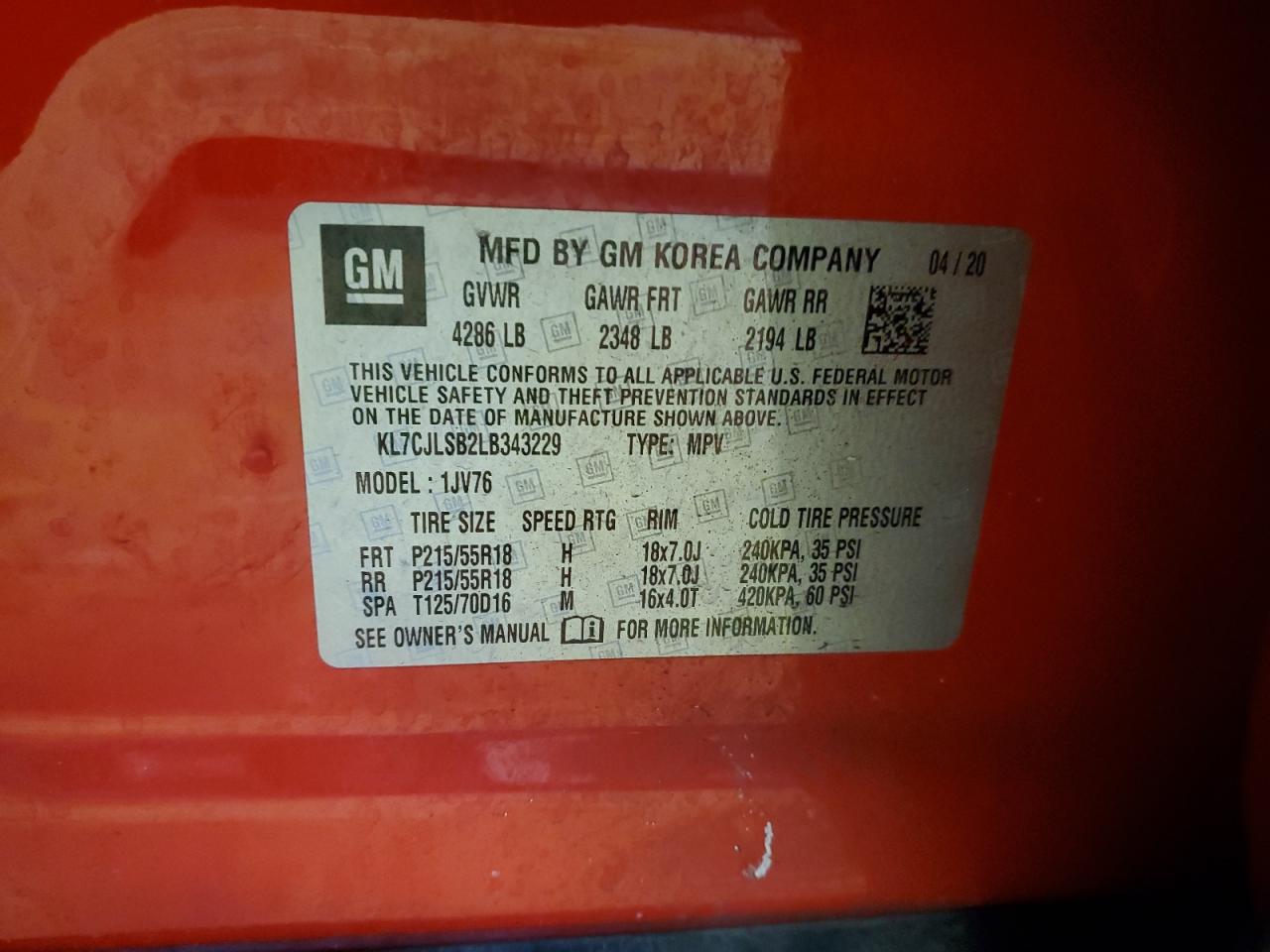 KL7CJLSB2LB343229 CHEVROLET TRAX 2020