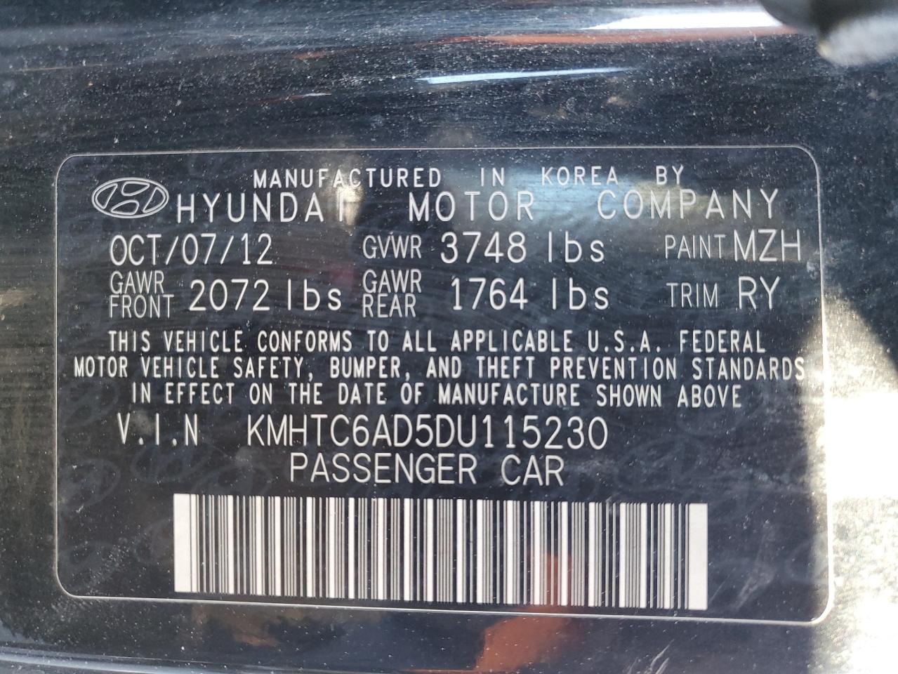 2013 Hyundai Veloster VIN: KMHTC6AD5DU115230 Lot: 42594635