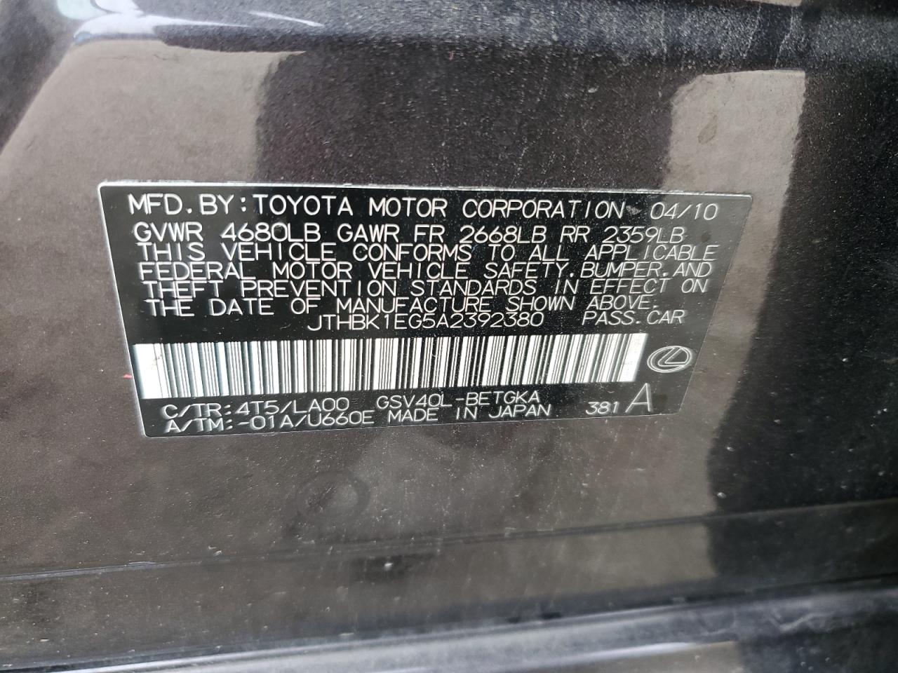 2010 Lexus Es 350 VIN: JTHBK1EG5A2392380 Lot: 89002985