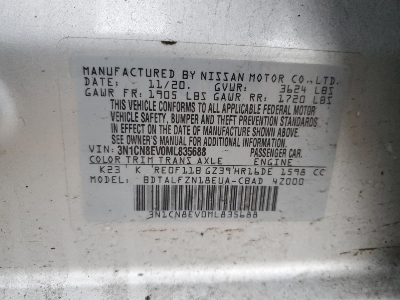 3N1CN8EV0ML835688 NISSAN VERSA 2021