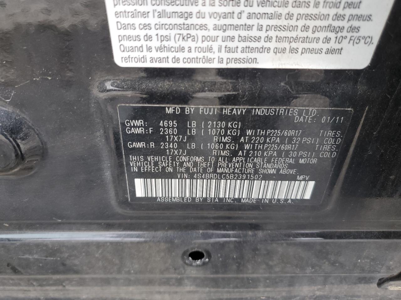 2011 Subaru Outback 3.6R Limited VIN: 4S4BRDLC5B2391502 Lot: 87225004