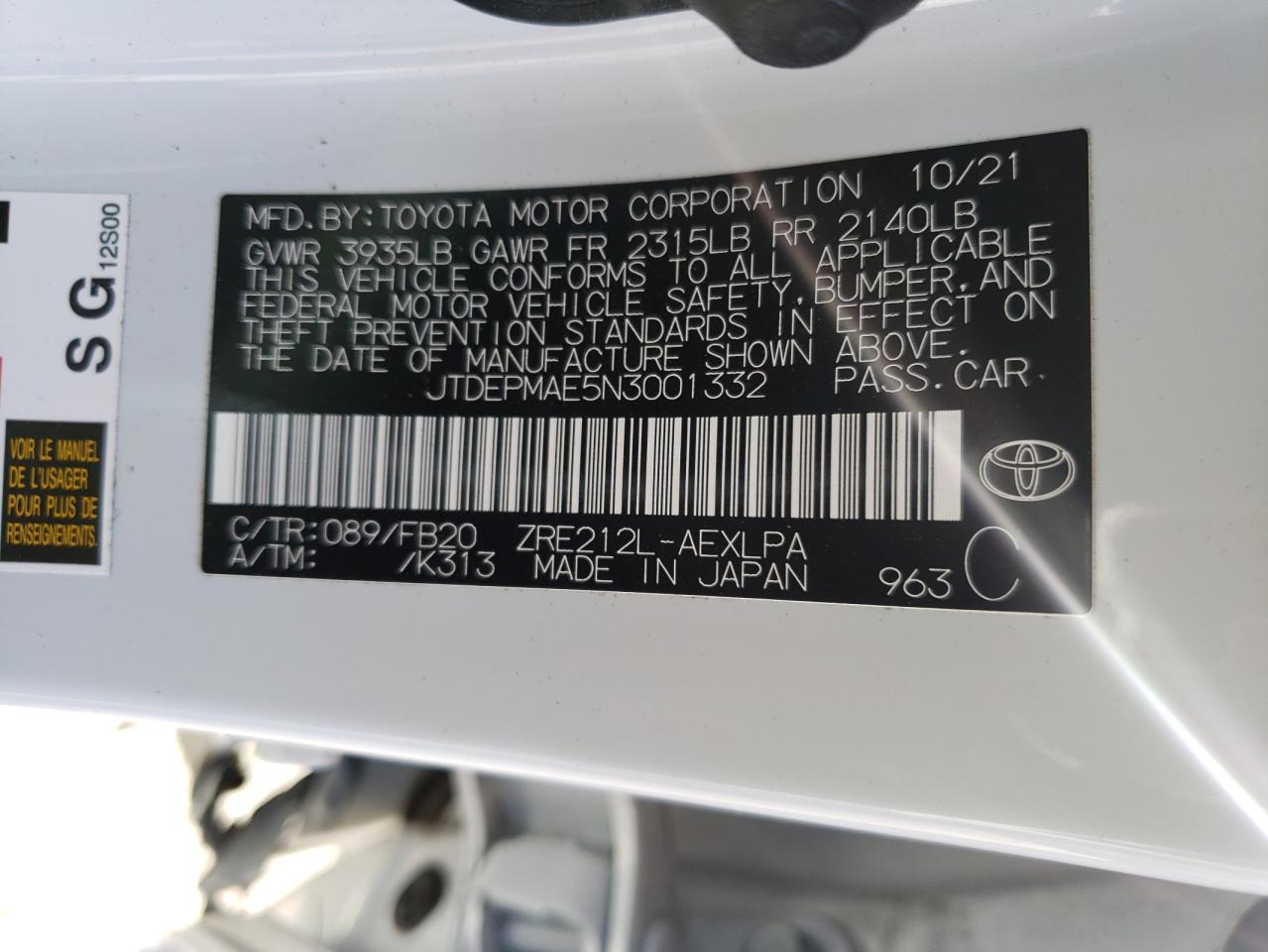JTDEPMAE5N3001332 TOYOTA COROLLA 2022