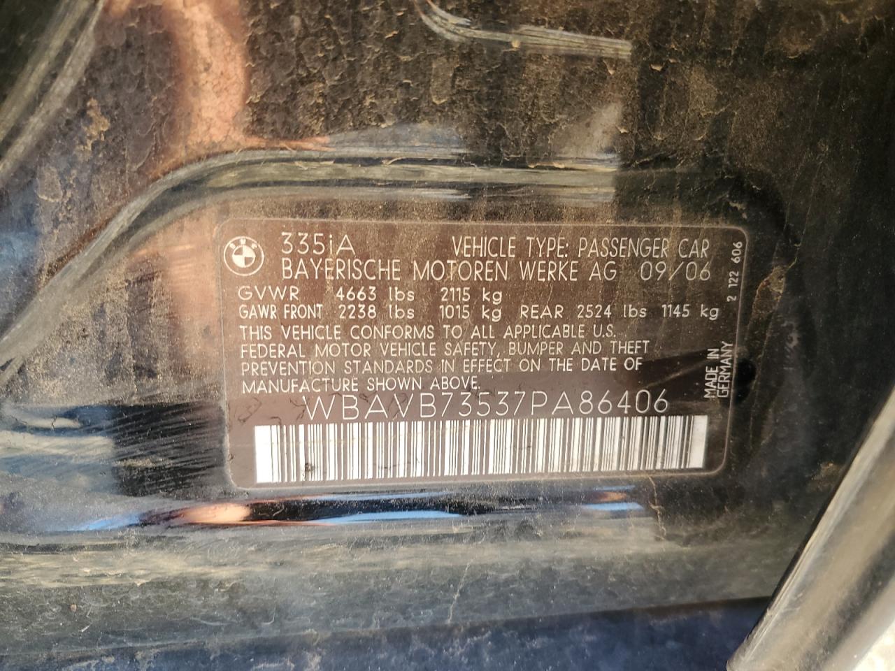 2007 BMW 335 I VIN: WBAVB73537PA86406 Lot: 87209634