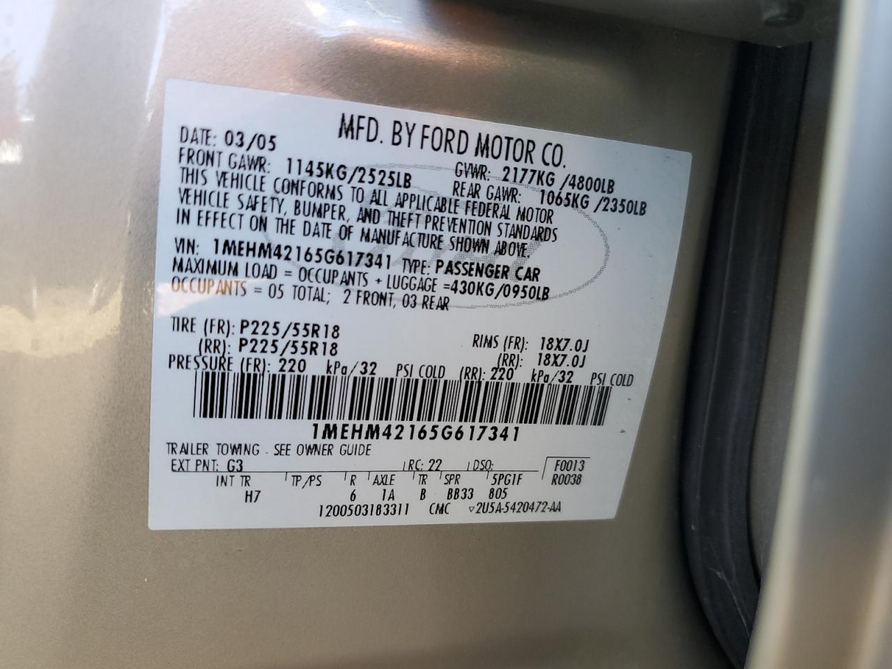 2005 Mercury Montego Premier VIN: 1MEHM42165G617341 Lot: 88297195