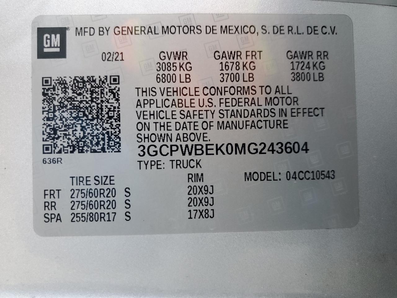 VIN 3GCPWBEK0MG243604 2021 CHEVROLET ALL Models no.12