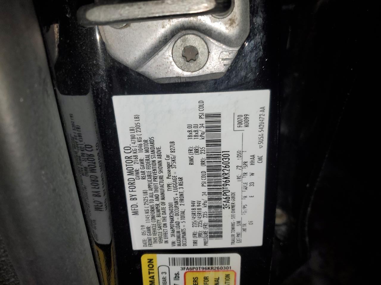 3FA6P0T96KR260301 FORD FUSION 2019