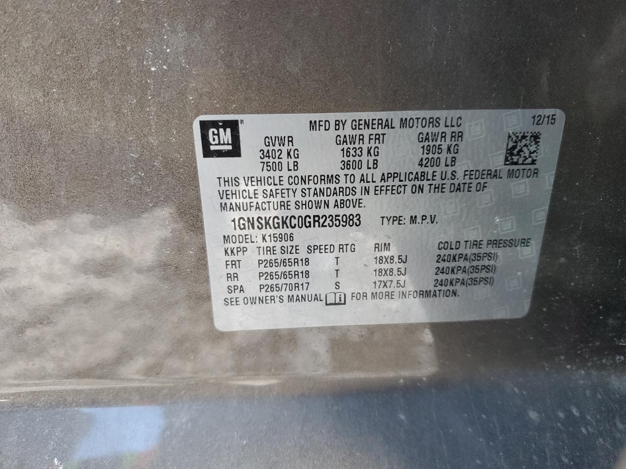 1GNSKGKC0GR235983 CHEVROLET SUBURBAN 2016