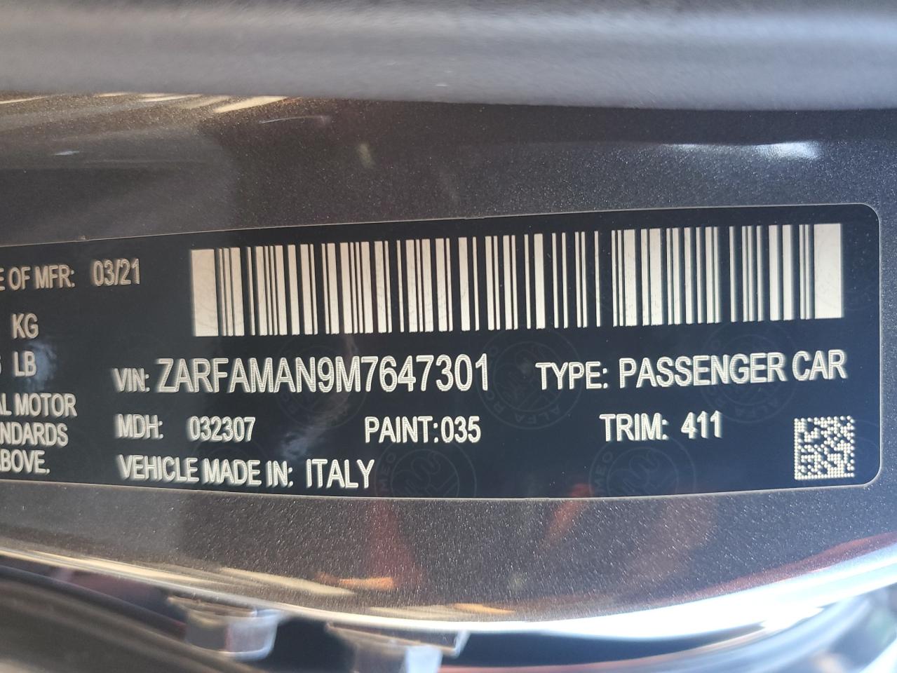 2021 Alfa Romeo Giulia Sport VIN: ZARFAMAN9M7647301 Lot: 42878465