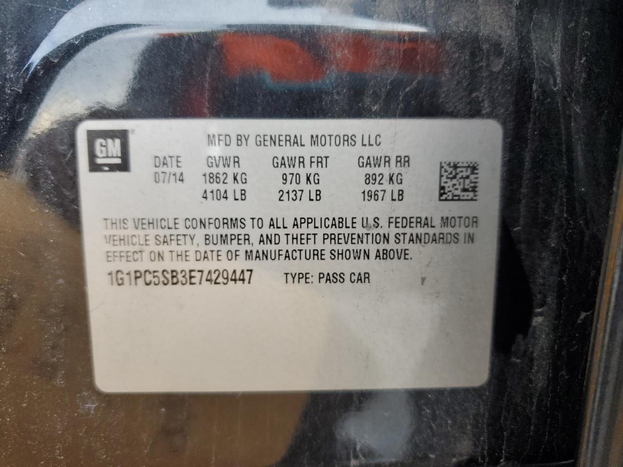 2014 Chevrolet Cruze Lt VIN: 1G1PC5SB3E7429447 Lot: 88737895