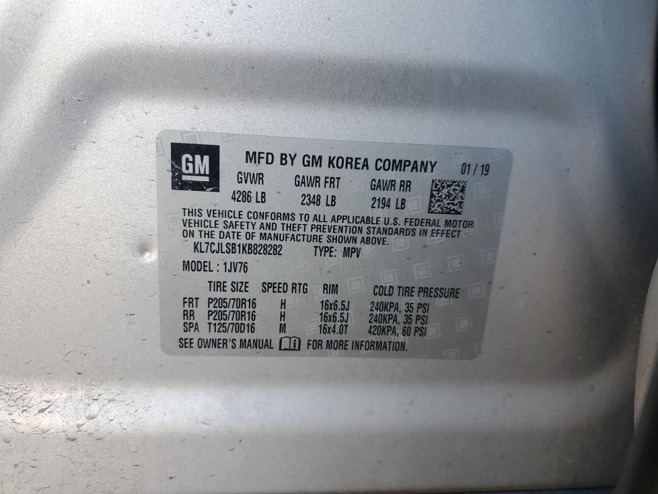 KL7CJLSB1KB828282 CHEVROLET TRAX 2019