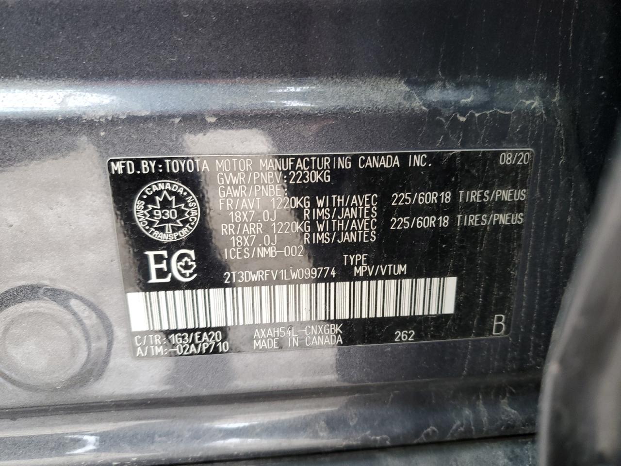 2020 Toyota Rav4 Limited VIN: 2T3DWRFV1LW099774 Lot: 88857755