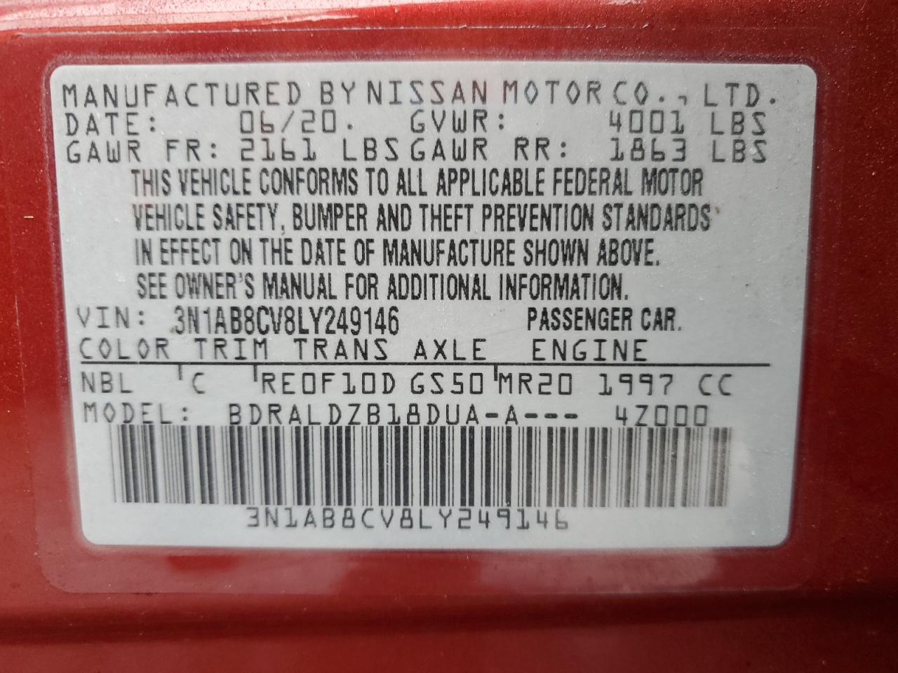3N1AB8CV8LY249146 NISSAN SENTRA 2020