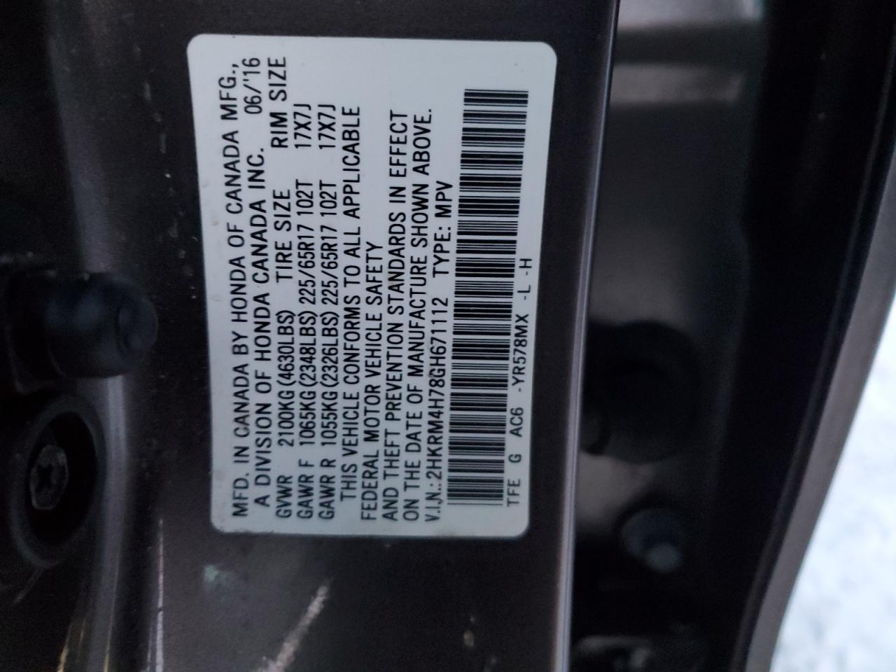 2HKRM4H78GH671112 HONDA CRV 2016