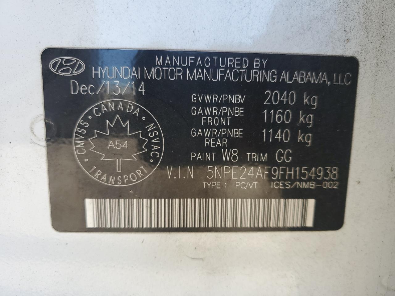 VIN 5NPE24AF9FH154938 2015 HYUNDAI SONATA no.12