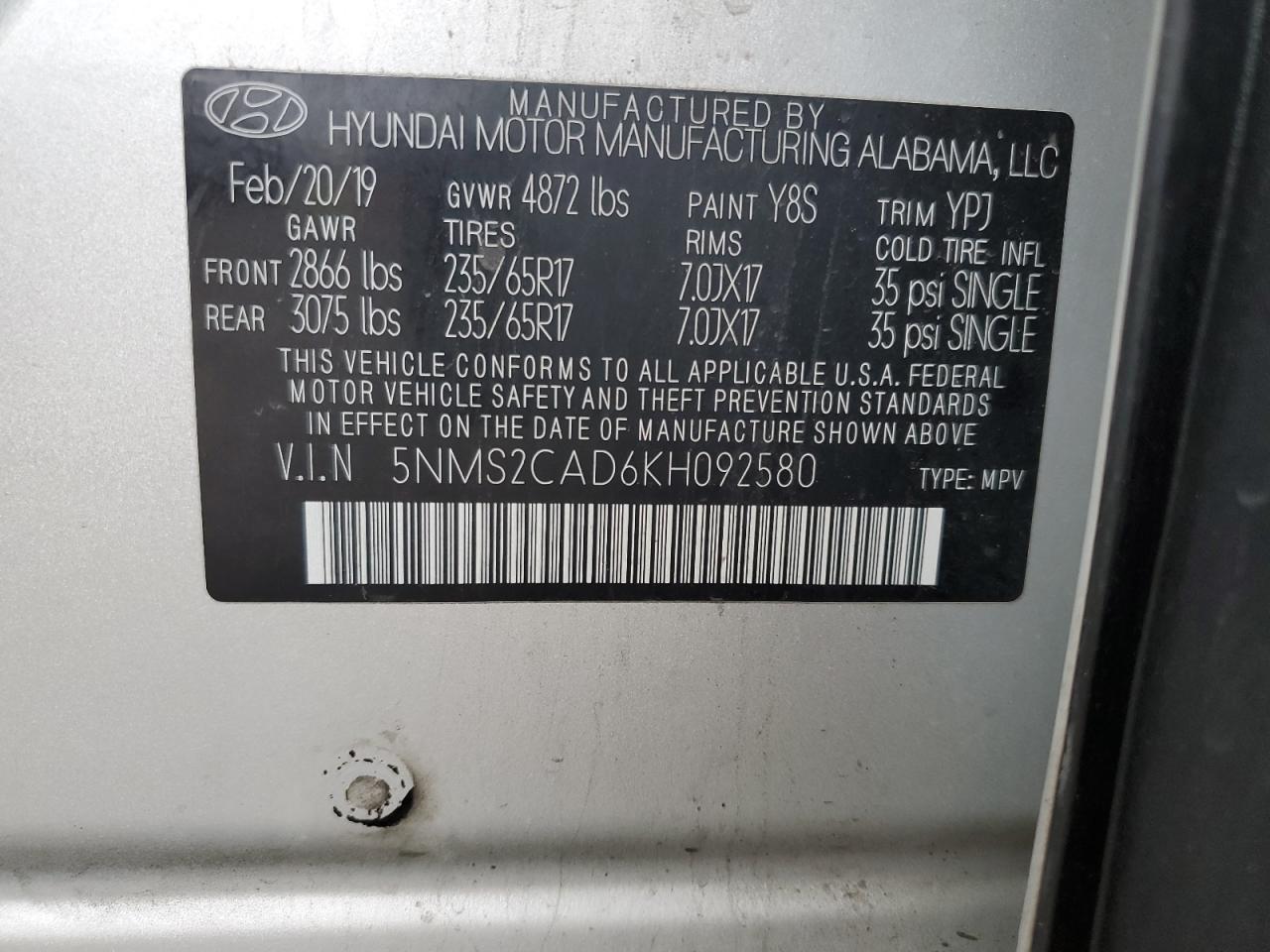 VIN 5NMS2CAD6KH092580 2019 HYUNDAI SANTA FE no.13