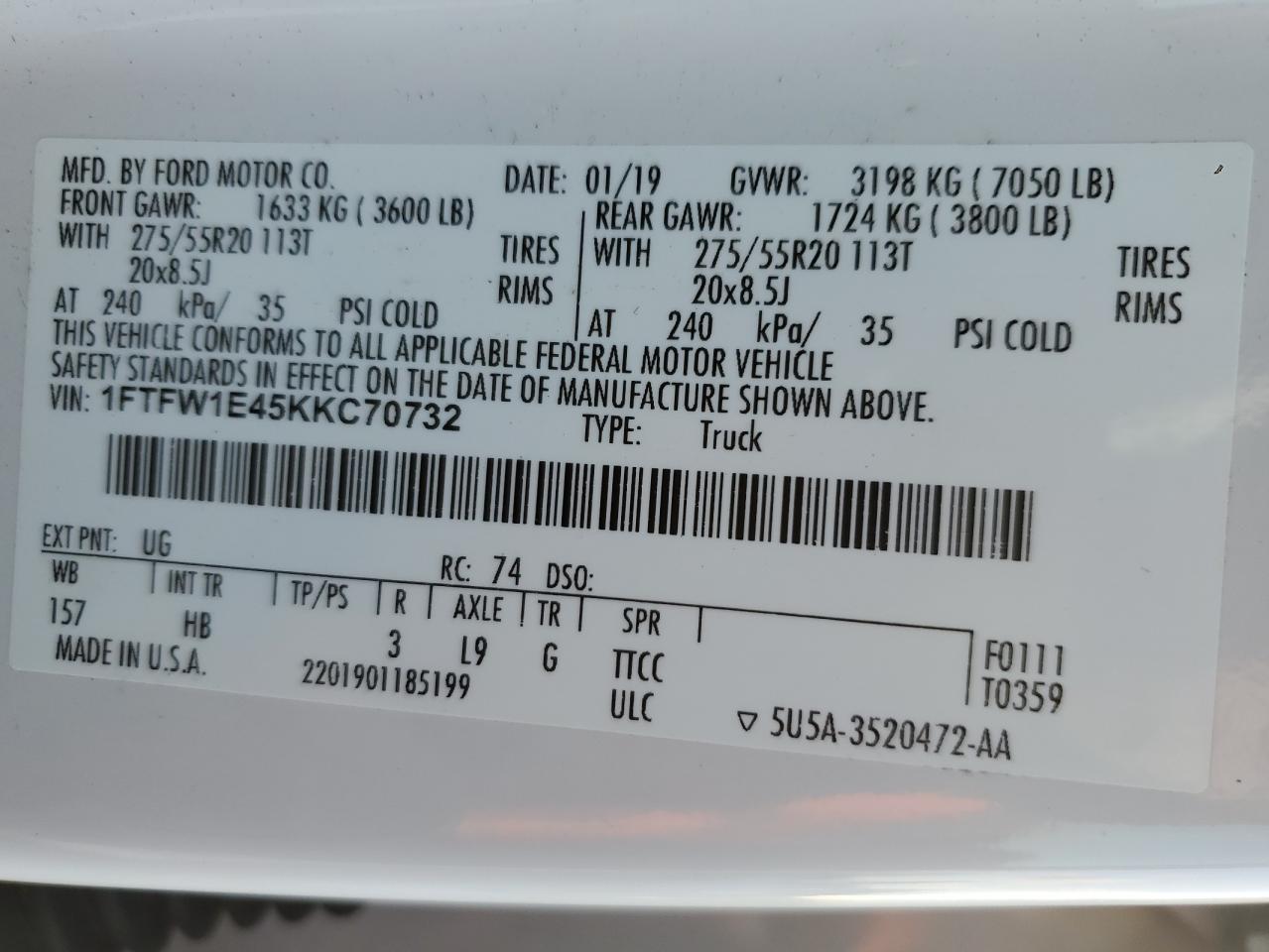 1FTFW1E45KKC70732 FORD F-150 2019