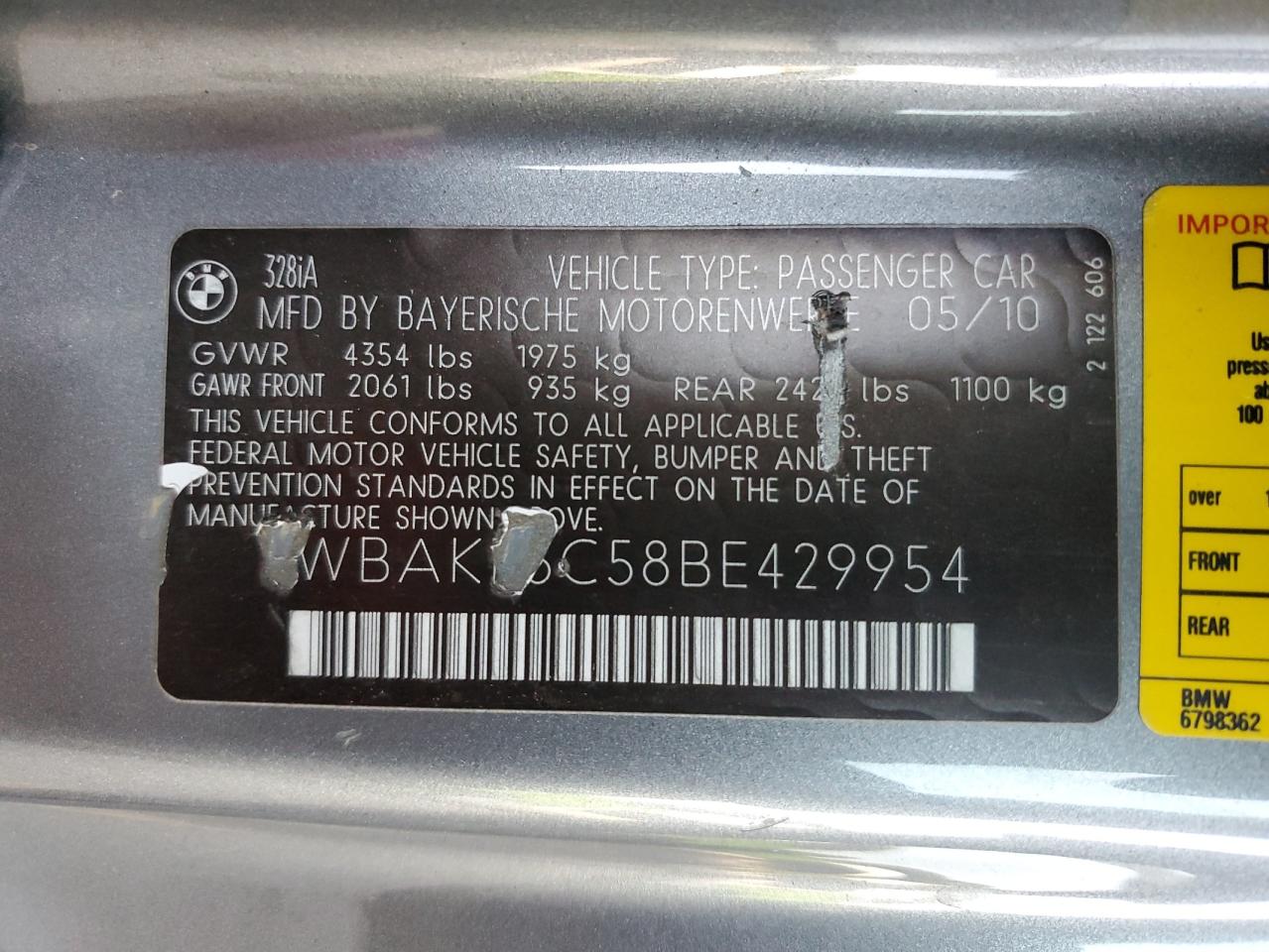 2011 BMW 328 I Sulev VIN: WBAKE5C58BE429954 Lot: 41630565