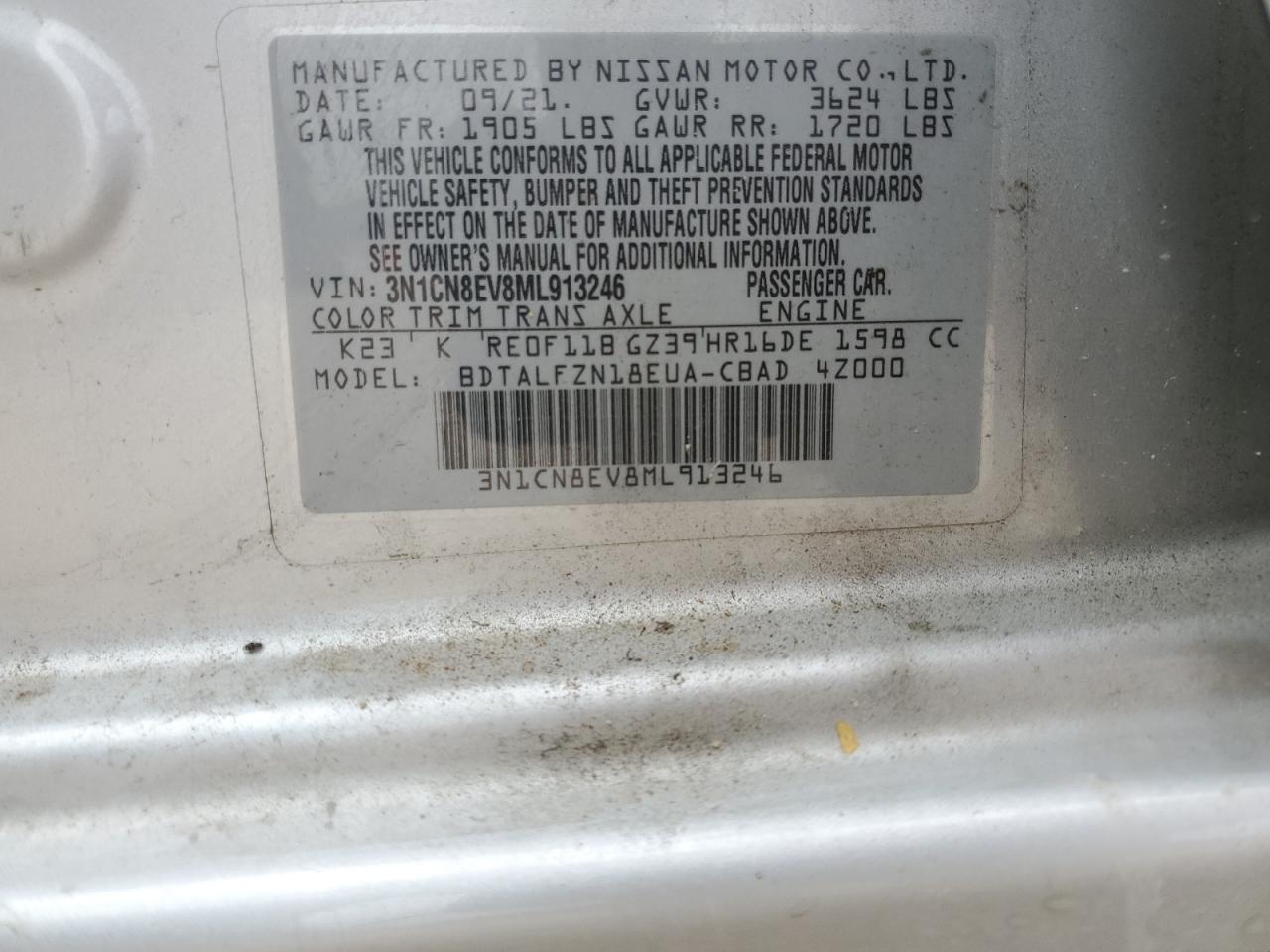 3N1CN8EV8ML913246 NISSAN VERSA 2021
