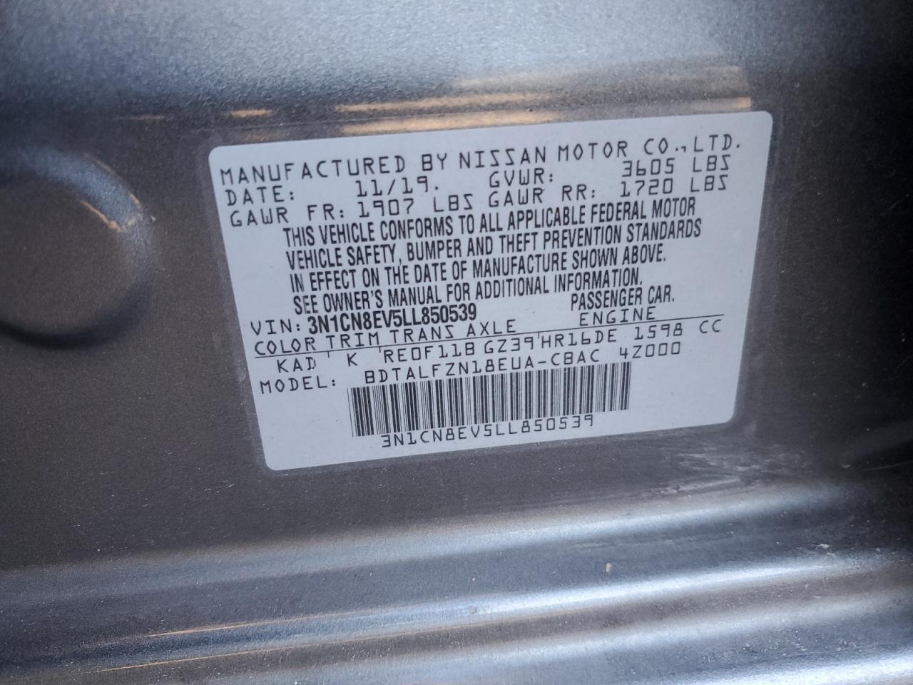 3N1CN8EV5LL850539 NISSAN VERSA 2020